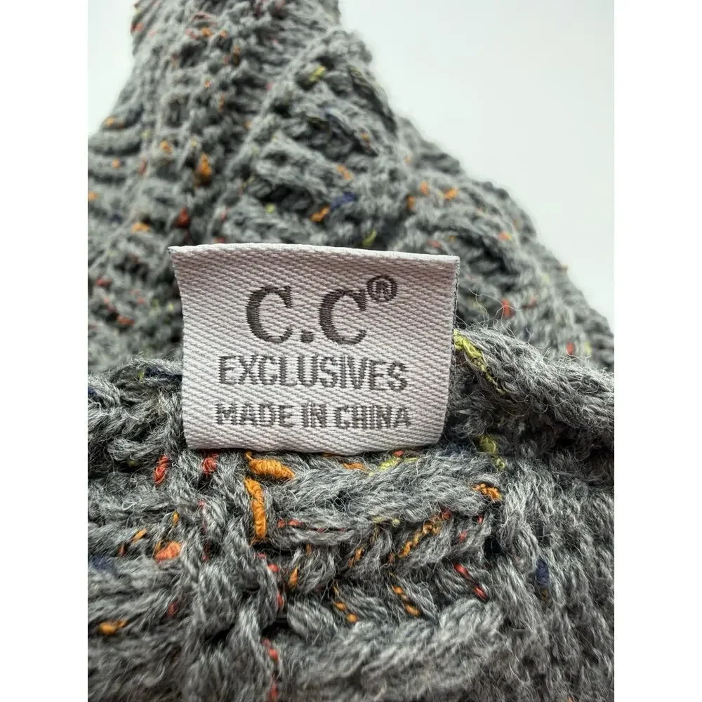 C.C. Exclusives Beanie Ponytail Messy Bun Gray Confetti Ribbed Knit Beanie Hat
